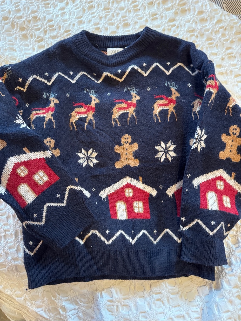Zara Navy Holiday Crewneck Sweater with Red & Tan Motifs